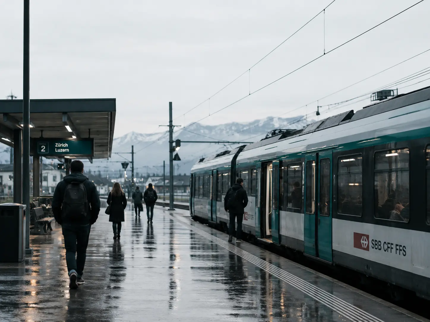 Peron kolejowy w szwajcarskim mieście wczesnym rankiem